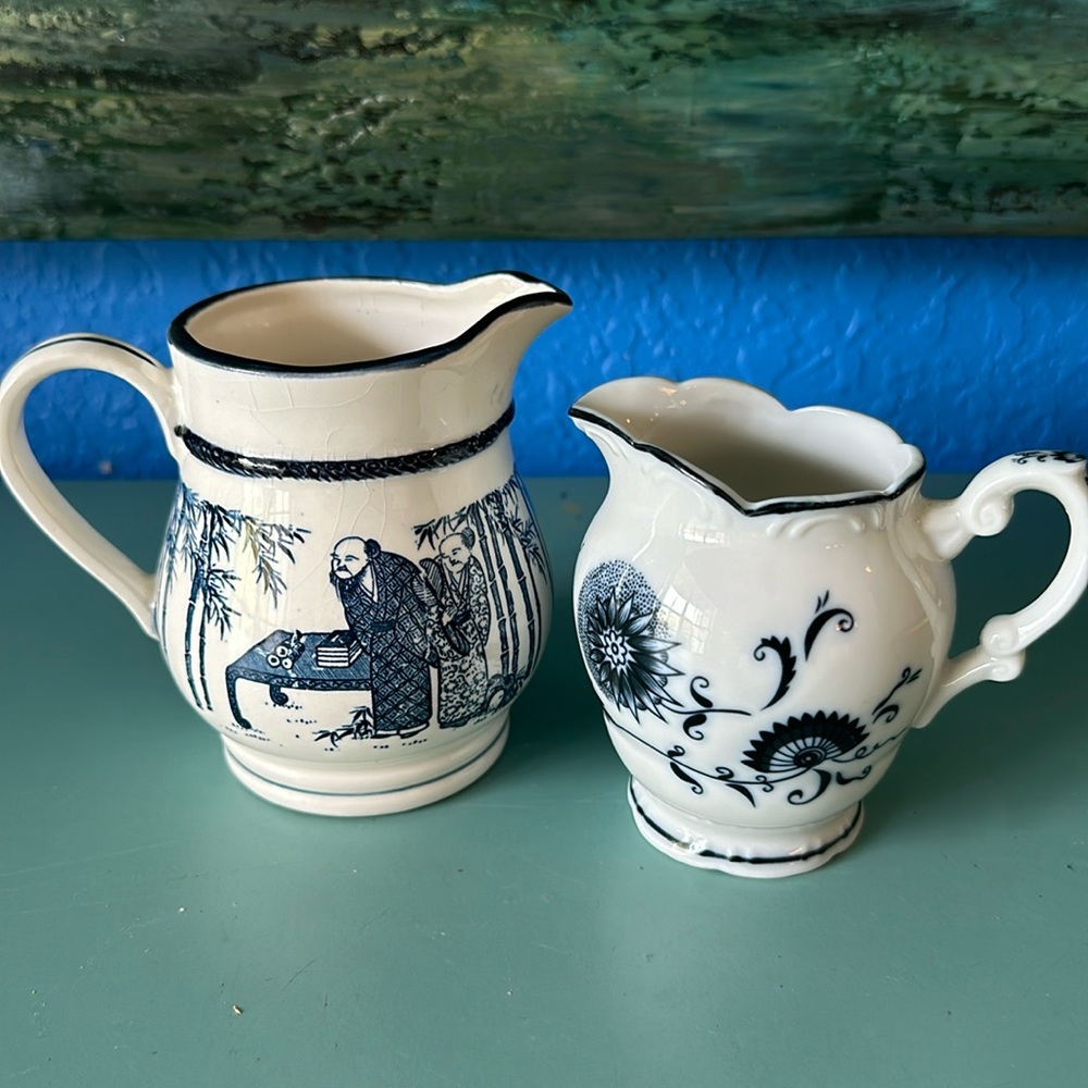 2 Vintage Japanese Blue and White Jugs
